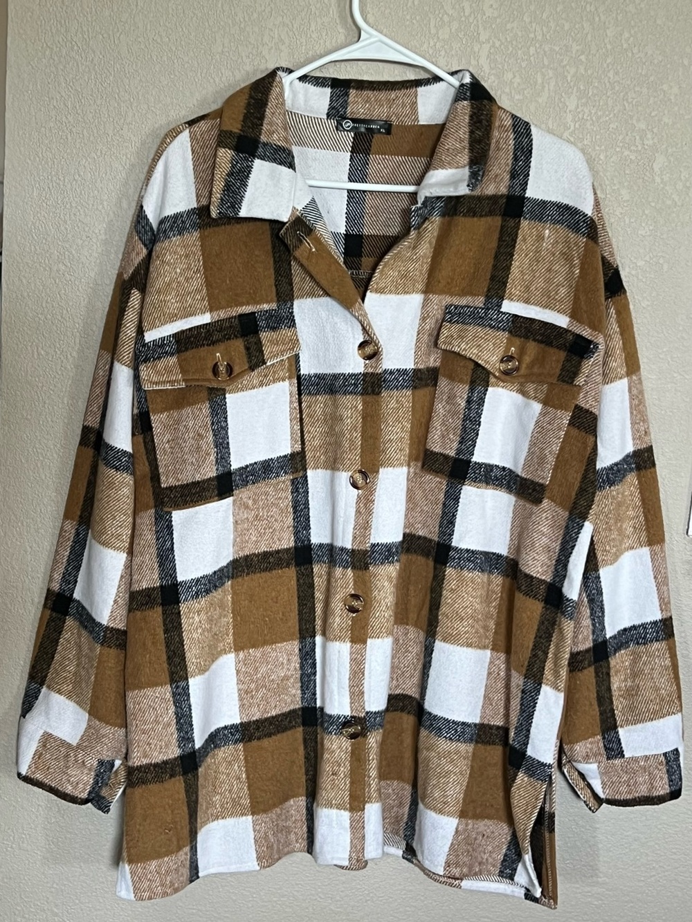 Pretty Garden Plaid Button-Front Shacket in Brown and White
